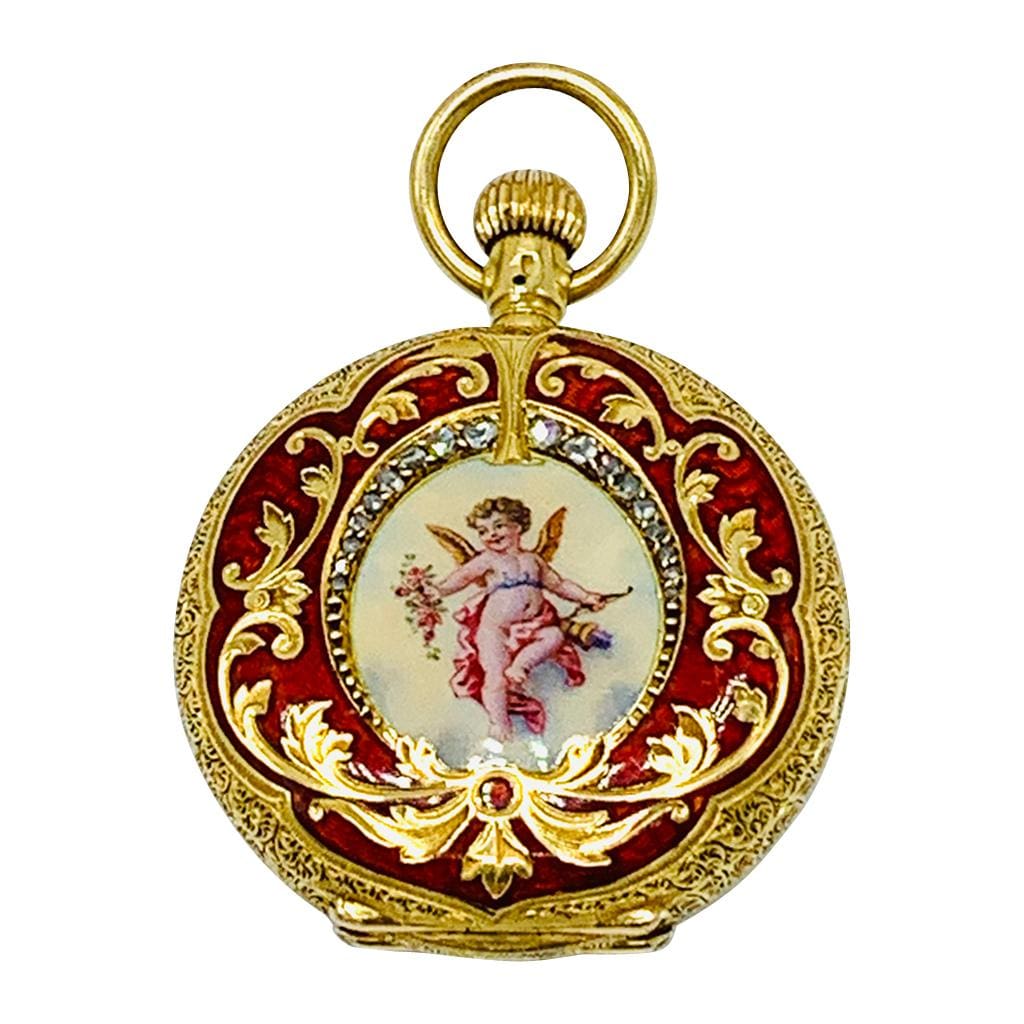 Rare 18ct Gold Enamel Special Diamond Grade Hunter Pocket Watch Waltham 1898 12 The Artistry of Enamel and Hand-Painted Designs on Antique Pocket Watches : Watch Museum January 2025